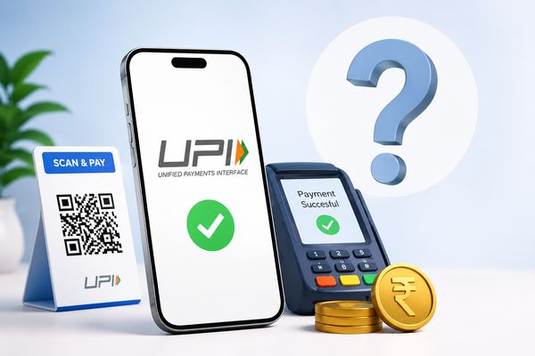 Smartphone showing UPI payment success next to a Scan and Pay QR code stand and card machine, representing UPI transactions